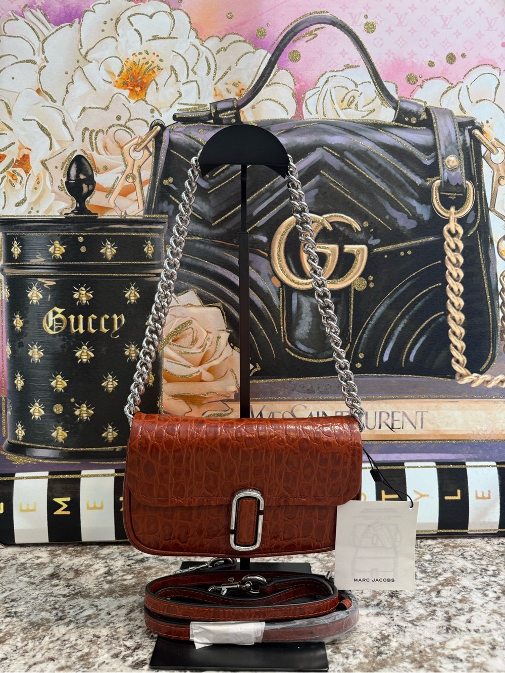 Marc Jacobs Brown Croc-Embossed Leather Shoulder Bag with Silver Chain